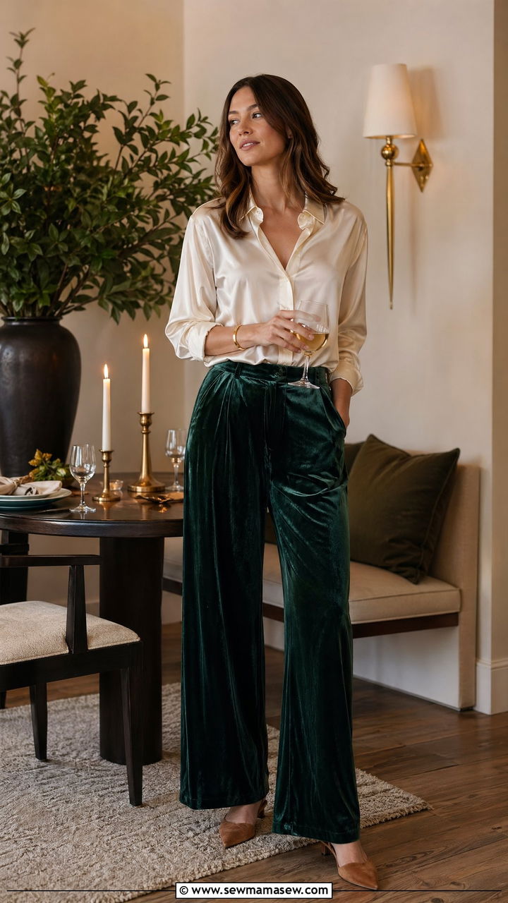 Velvet Wide Leg Pants and Silk Blouse Loungewear - 35 Elegant loungewear outfit ideas