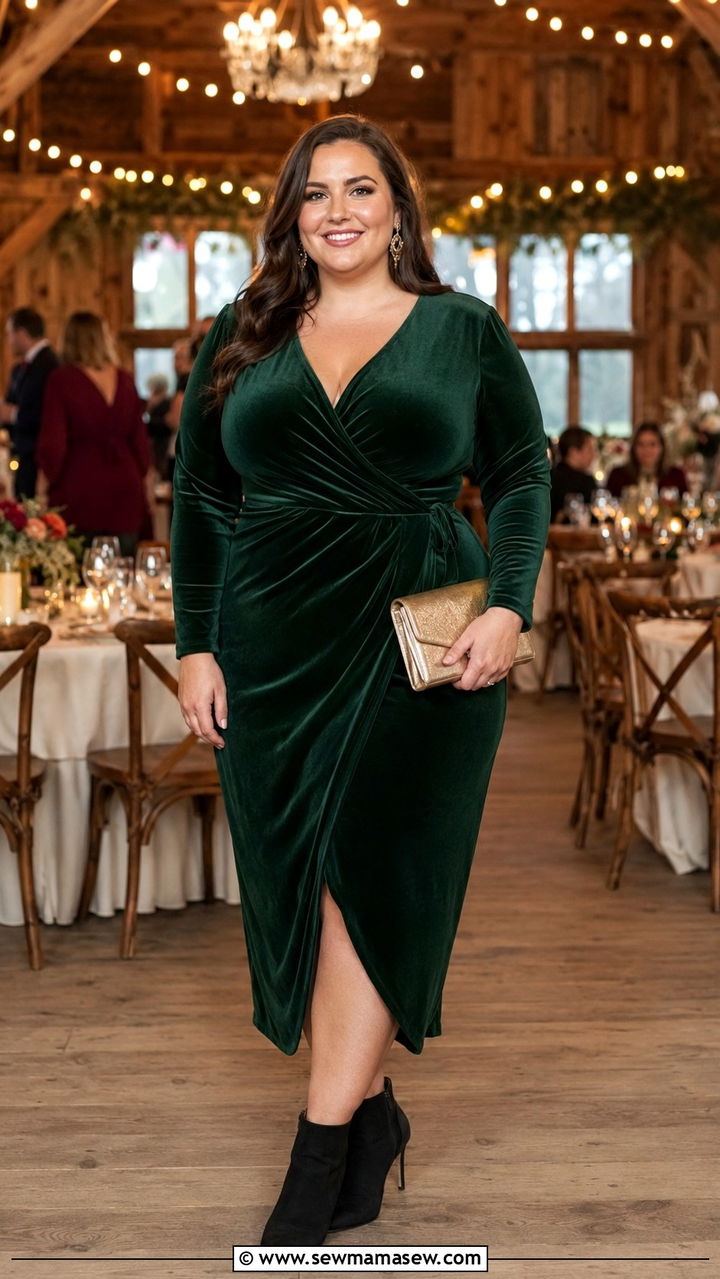 Velvet Wrap Dress With Ankle Boots - 30 Plus size outfit ideas for wedding guest