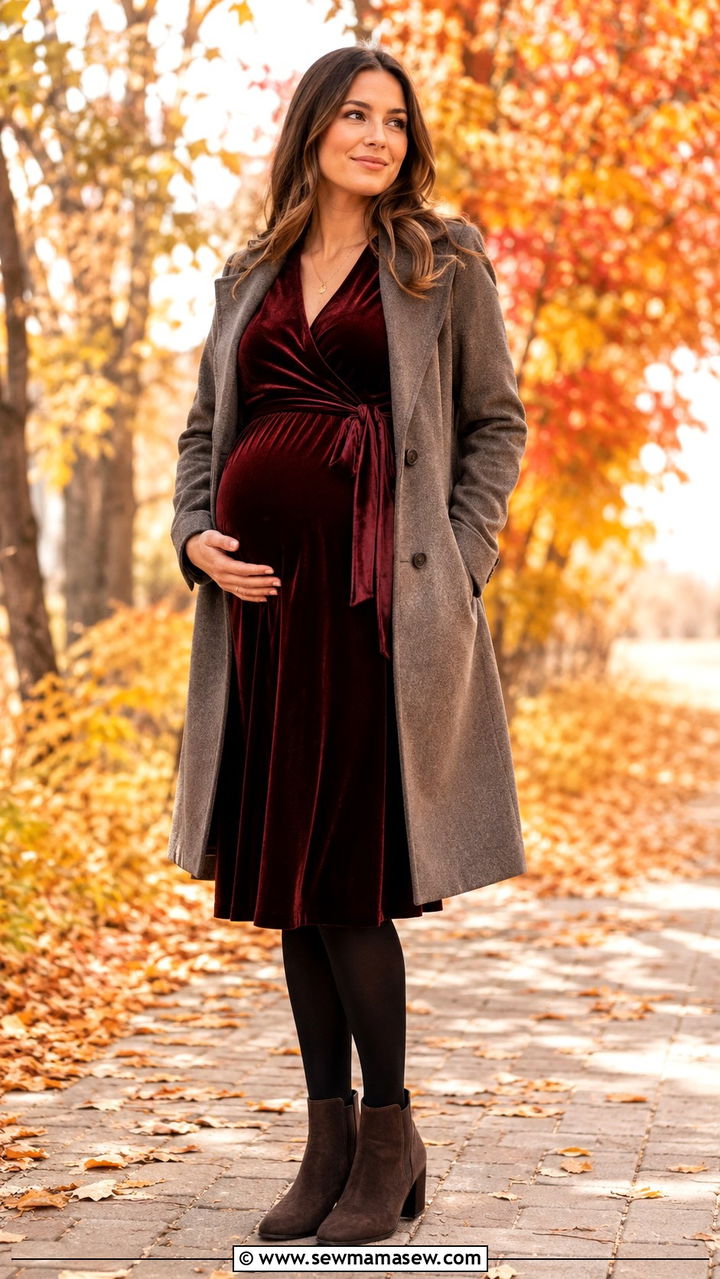 Velvet Wrap Dress With Ankle Boots - 25 wedding guest outfits for pregnant women