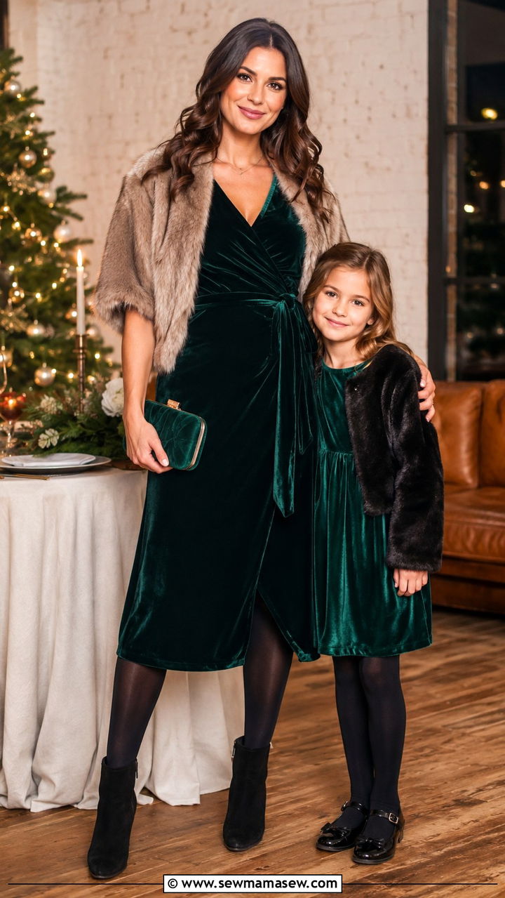 Velvet Wrap Dress With Ankle Boots And Opaque Tights - 25 Wedding guest outfit ideas with kids in tow