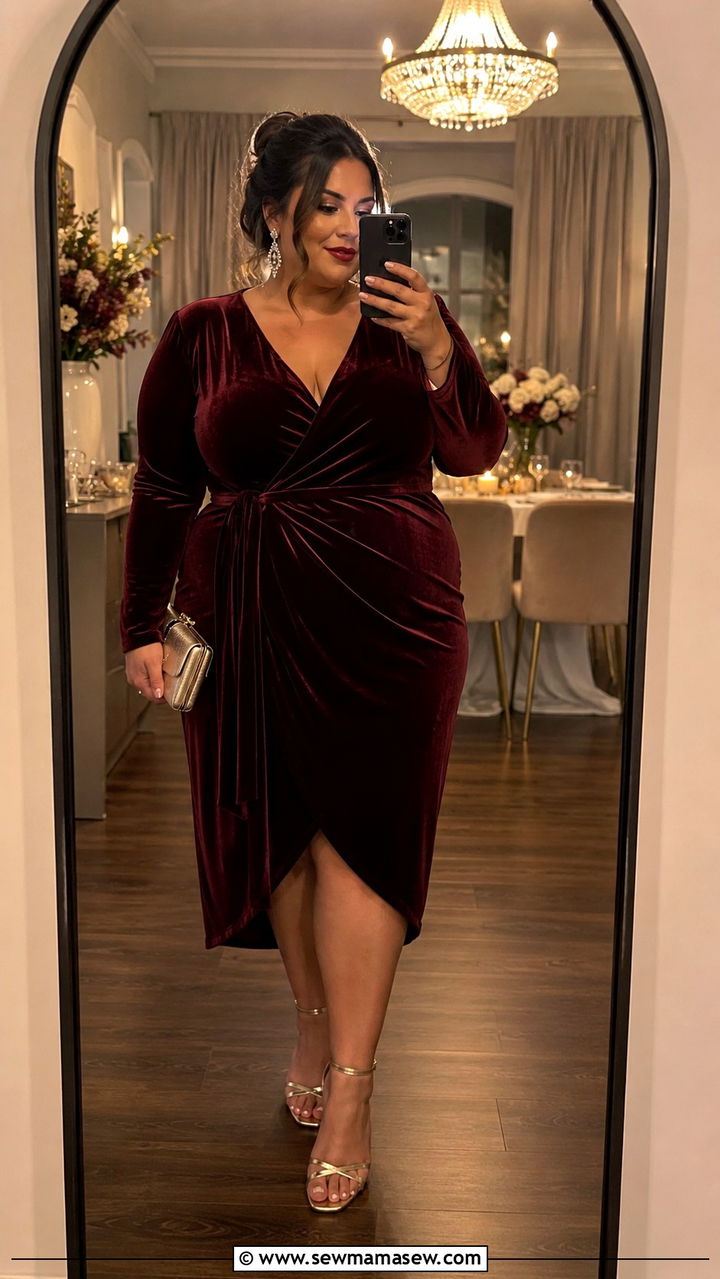 Velvet Wrap Dress With Heeled Sandals - 30 Plus size outfit ideas for baby shower