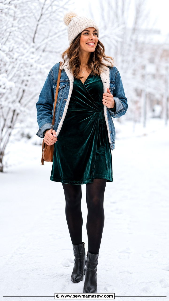 Velvet Wrap Dress With Sherpa Lined Denim Jacket and Tights for Winter - 25 Wrap dress outfit ideas with a denim jacket