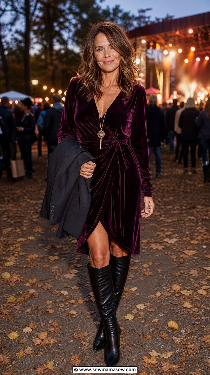 Velvet Wrap Dress with Knee High Boots Festival Look - 30 music festival outfits for women over 40