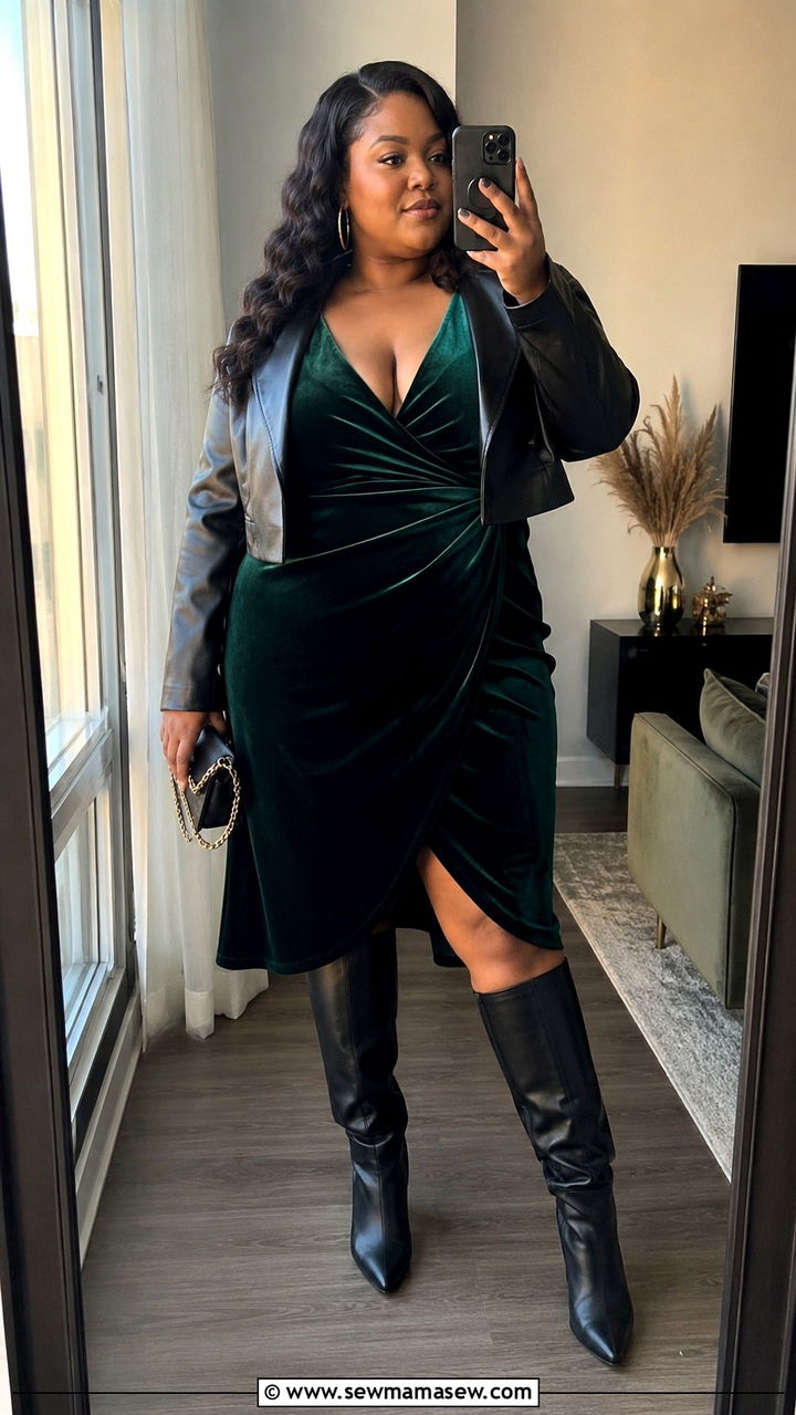 Velvet Wrap Dress with Statement Boots - 30 Plus size birthday outfit ideas