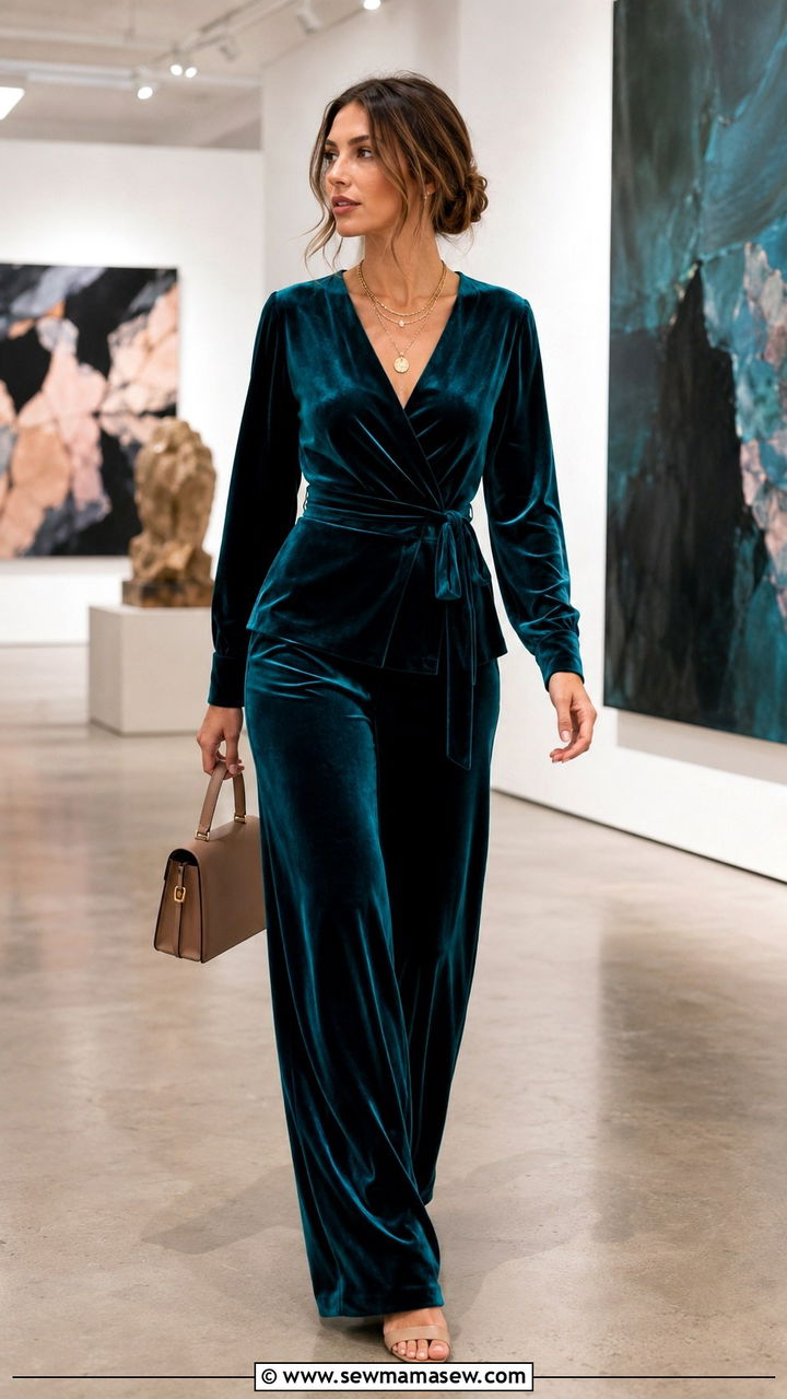 Velvet Wrap Top and Wide Leg Trousers - 25 Velvet matching set outfit ideas
