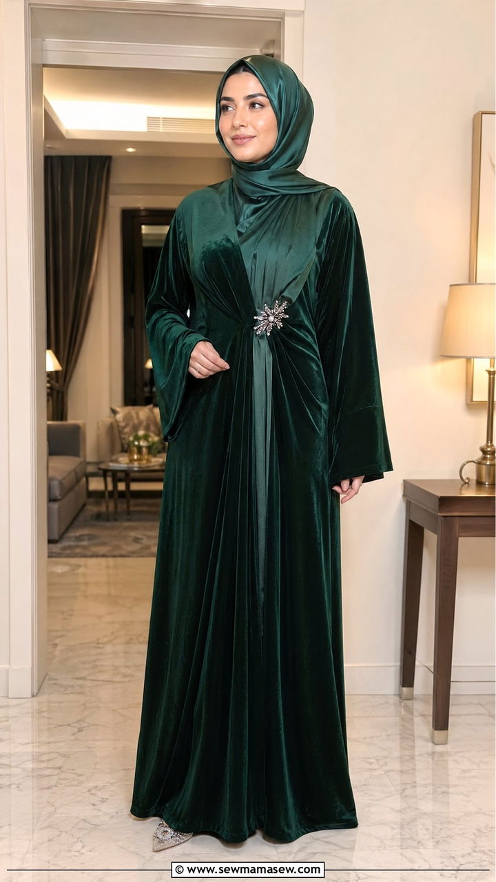 Velvet abaya with crystal brooch and satin hijab - 35 Eid outfit ideas modest