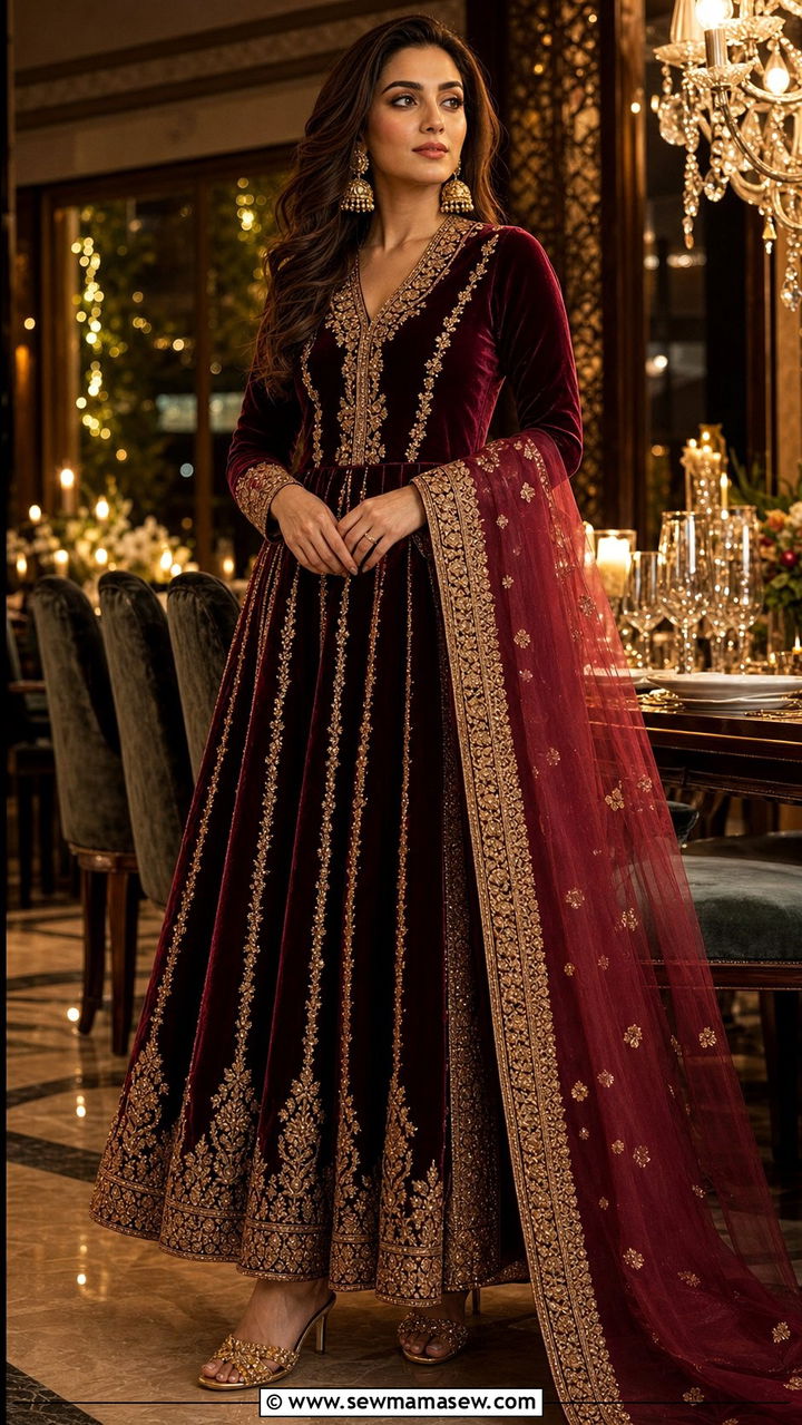 Velvet anarkali with gold embroidery - 25 Eid al Adha outfit ideas 2026