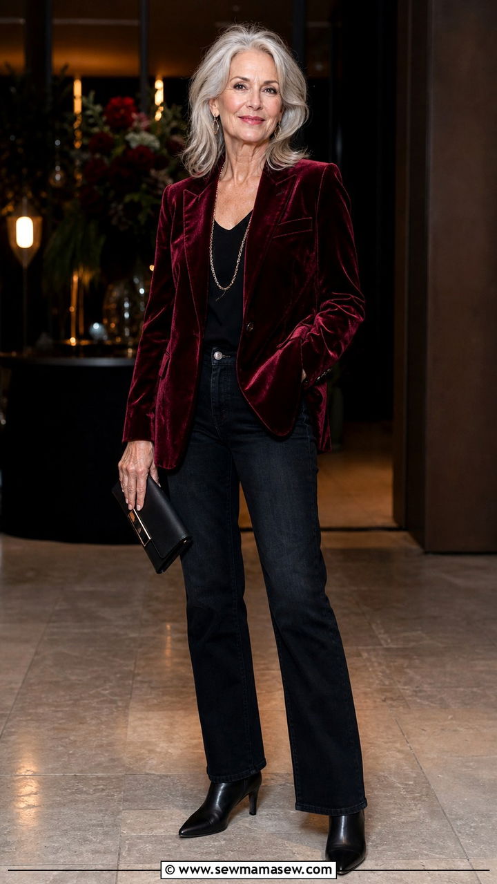 Velvet blazer and dark jeans outfit for women over 60 - 40 How to dress in your 60s