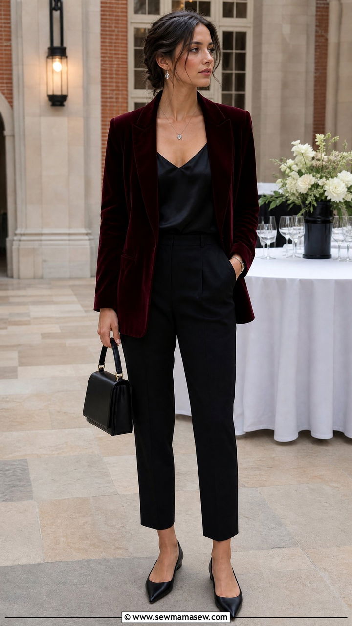 Velvet blazer and dark tailored trousers - 30 Dark academia school outfits
