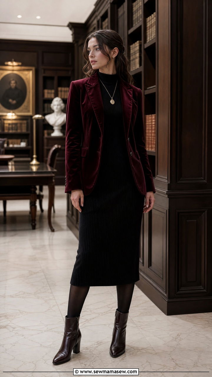 Velvet blazer and midi dress - 25 classy dark academia outfits