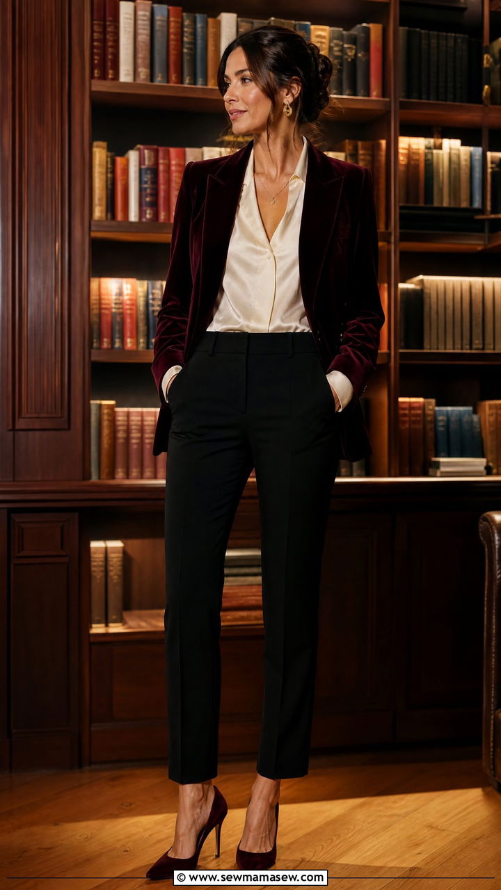 Velvet blazer and silk blouse librarian outfit - 25 librarian core outfits to copy