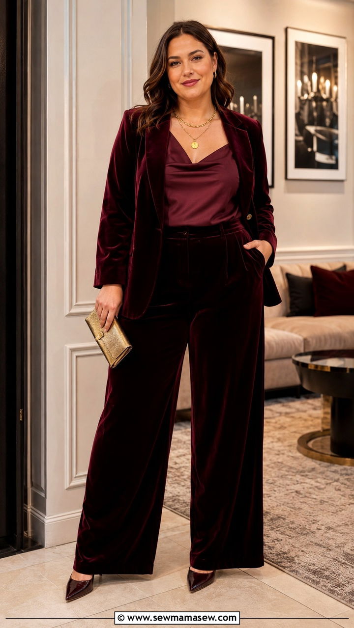 Velvet blazer and tailored wide leg trouser suit - 30 Party outfits for midsize women