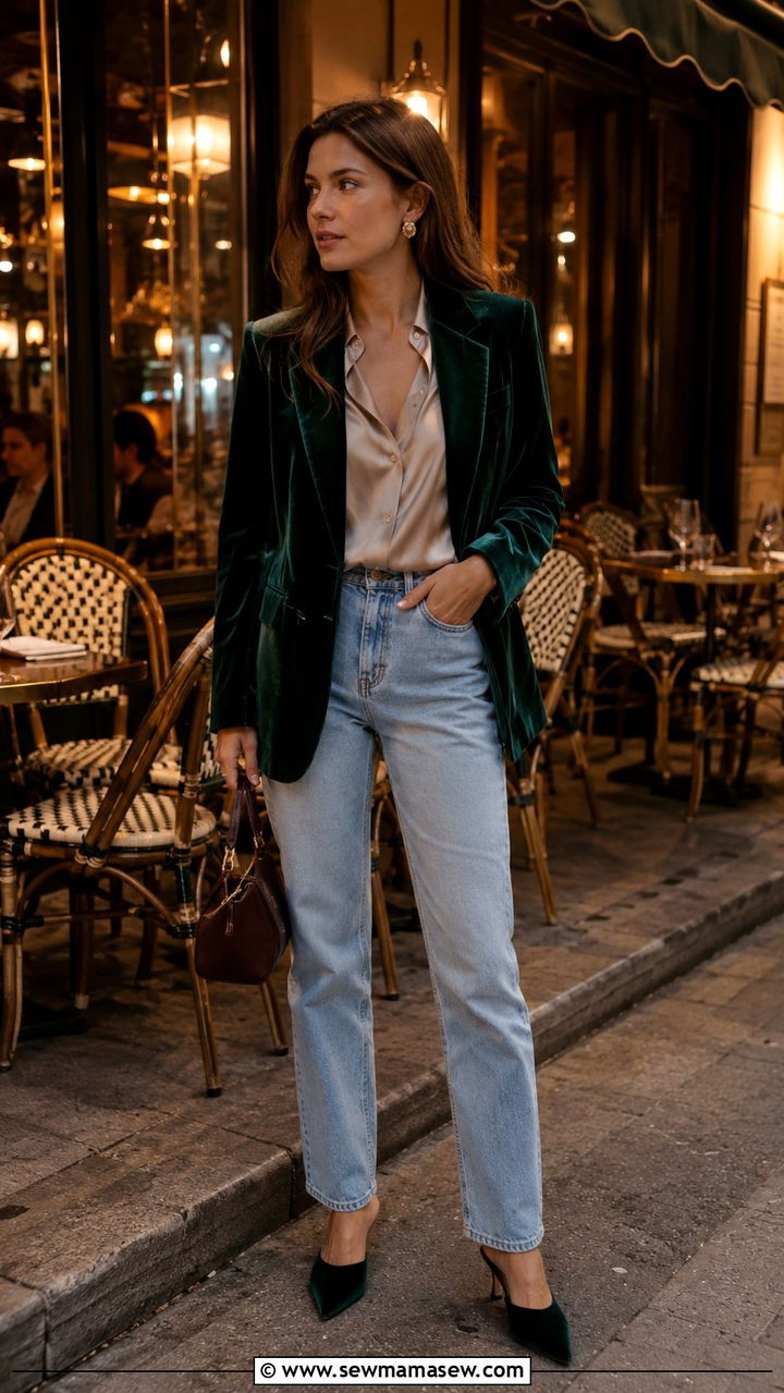 Velvet blazer over a silk blouse and straight leg denim - 20 French girl outfit ideas Francoise Hardy