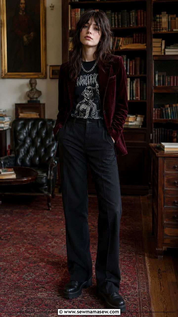 Velvet blazer with a band tee and dark trousers - 30 Chaotic academia outfit ideas