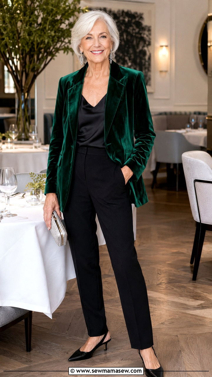 Velvet blazer with black trousers evening outfit - 20 How to style a blazer over 60