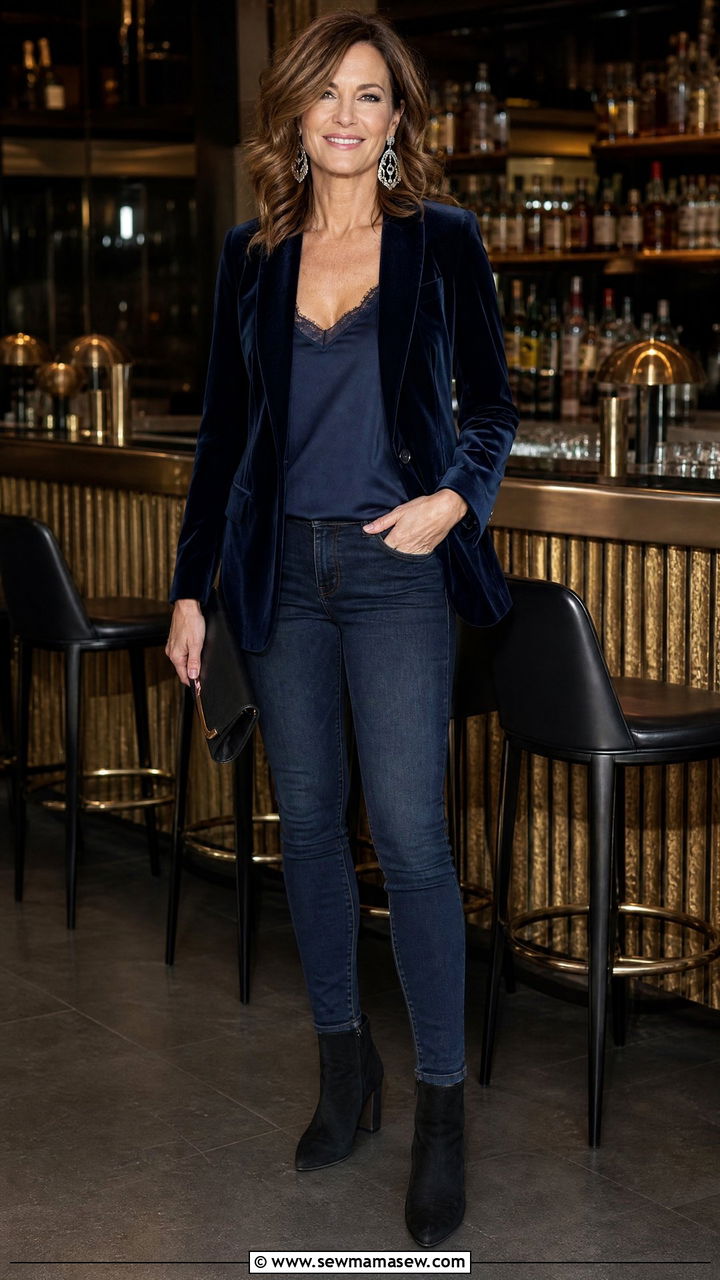 Velvet blazer with dark jeans and ankle boots - 35 Midsize outfits for women over 40