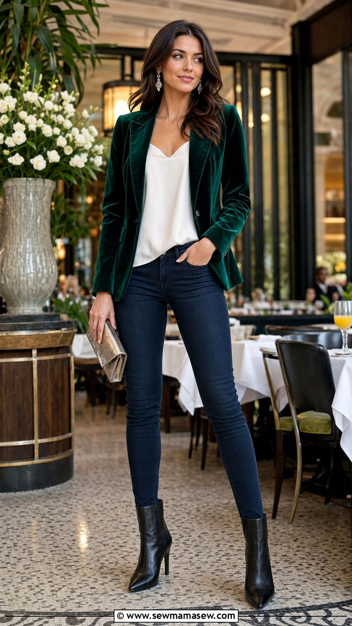 Velvet blazer with dark skinny jeans brunch look - 35 Brunch outfits for tall women