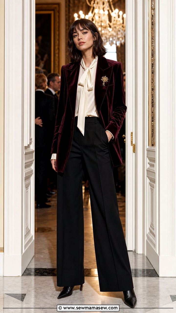 Velvet blazer with silk blouse and wide leg trousers - 25 dark academia outfits inspo