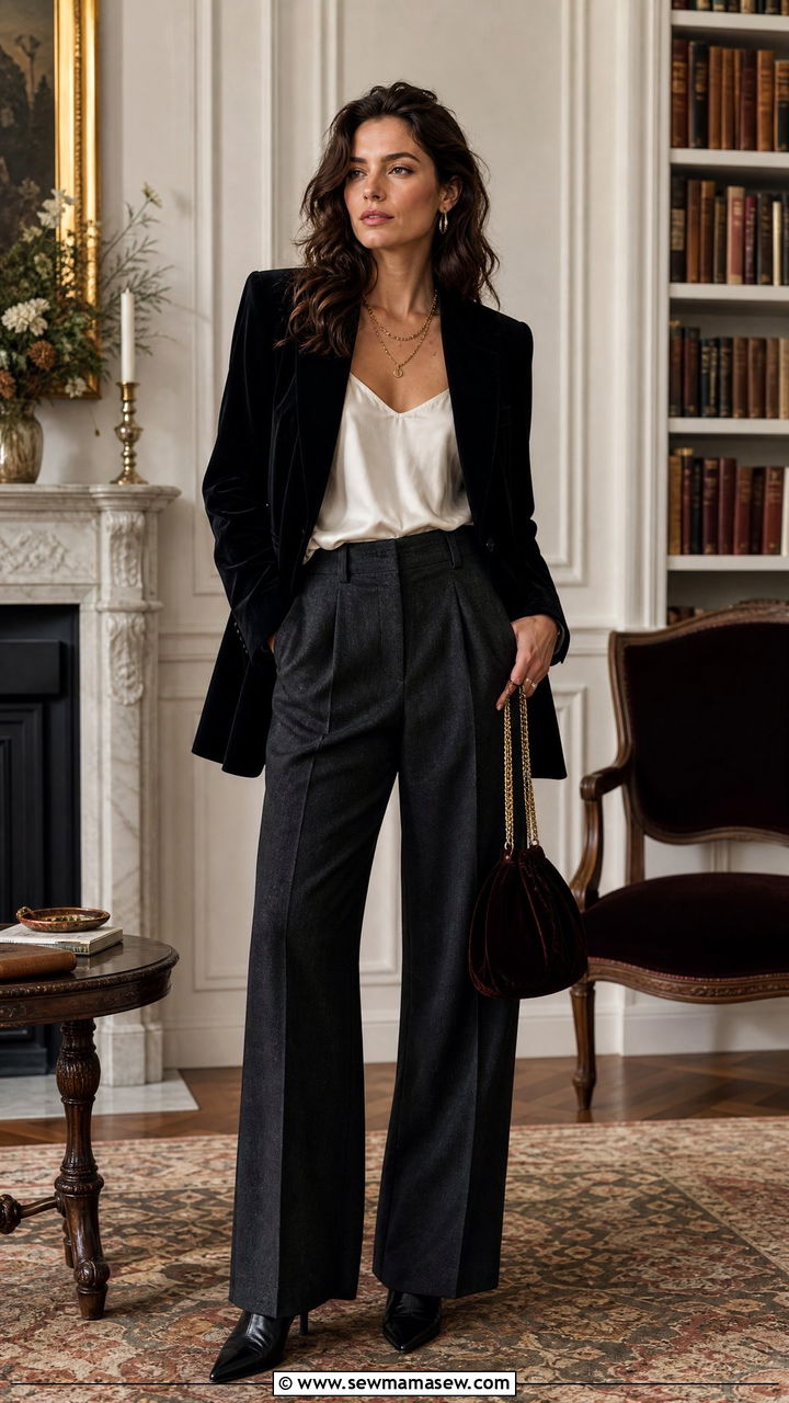 Velvet blazer with silk camisole and dark wide leg trousers - 25 Poetcore outfit ideas college professor aesthetic