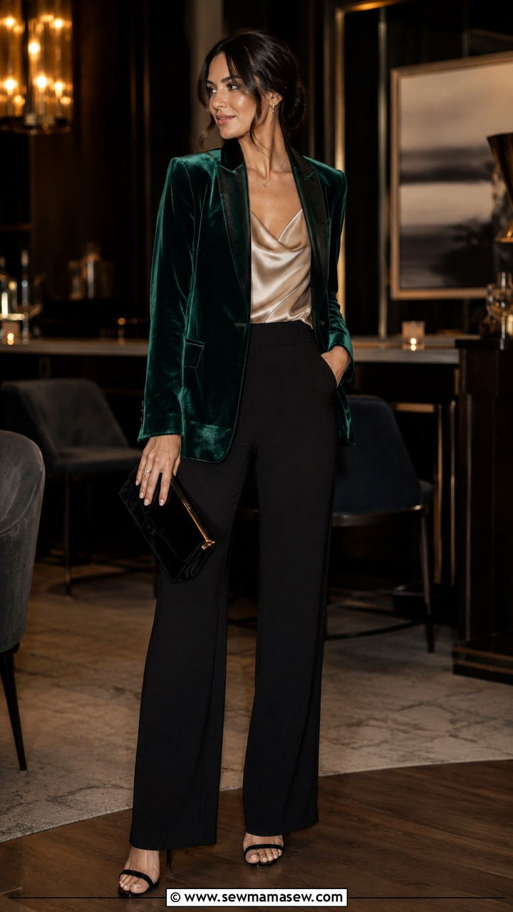 Velvet blazer with silk camisole and wide leg pants - 30 classy jacket outfits