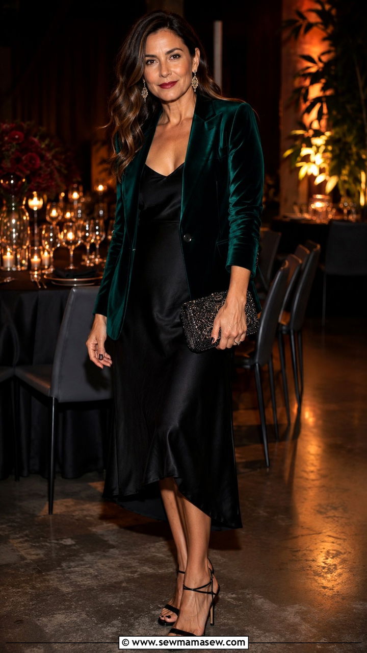 Velvet blazer with slip dress outfit over 40 - 30 How to style a blazer over 40