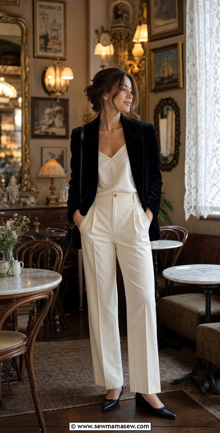 Velvet blazer with straight leg trousers and pointed flats - 25 Dark academia outfit ideas 2026