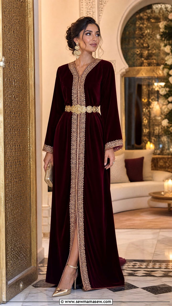Velvet caftan with metallic belt - 25 Rabat outfit ideas