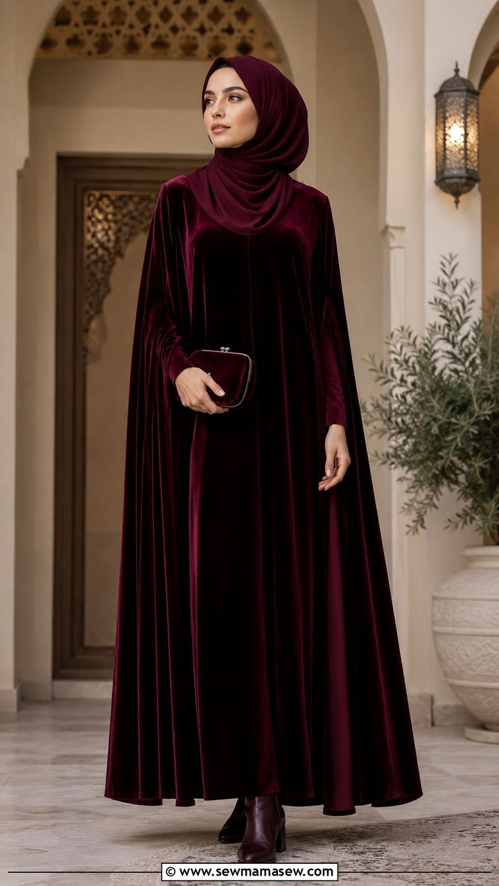 Velvet cape dress for evening mosque visit - 20 Modest outfit ideas for mosque visit