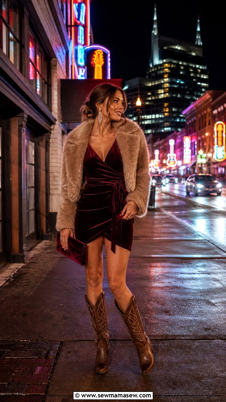 Velvet dress and cowboy boots for winter - 40 What to wear in Nashville