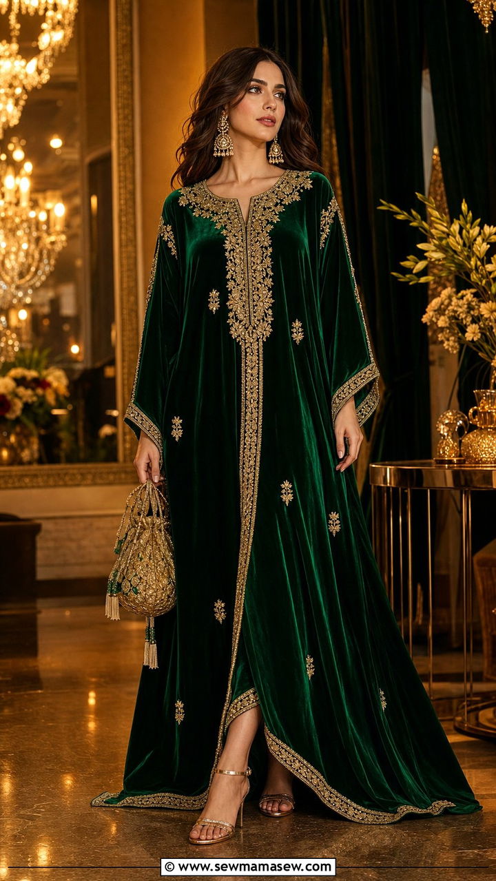 Velvet kaftan with gold jewelry and heels - 25 Eid al Adha outfit ideas 2026