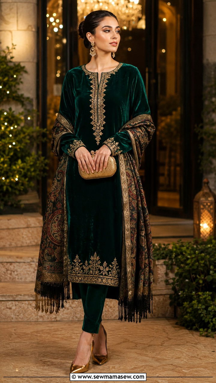 Velvet kameez with cigarette pants for a winter dinner - 30 Lahore outfit ideas
