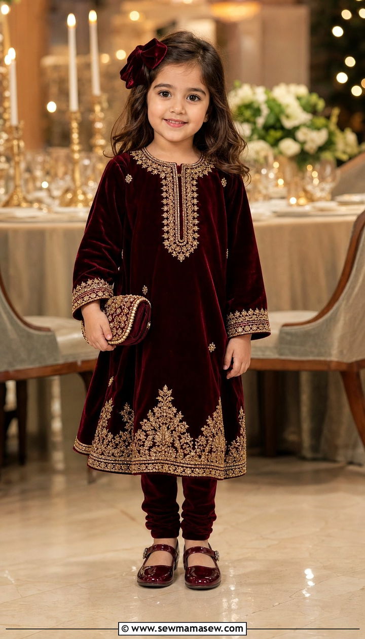 Velvet kurta set for Eid girls - 25 Eid outfit ideas for little girls