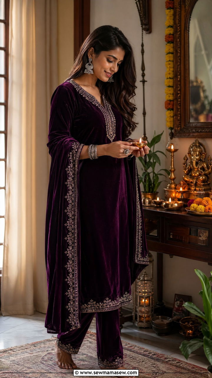 Velvet kurta set with silver jewelry - 35 Diwali party outfit ideas