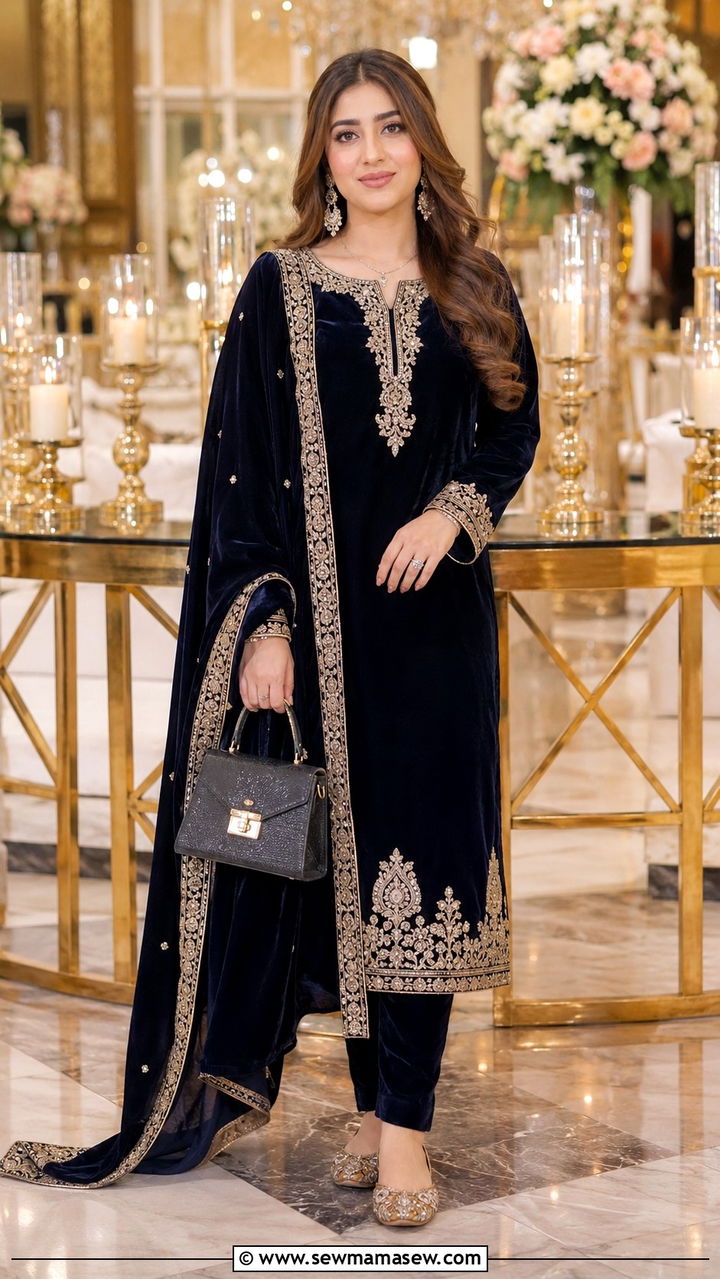 Velvet kurta with straight trousers for Walima - 25 Wedding guest outfit ideas Walima ceremony