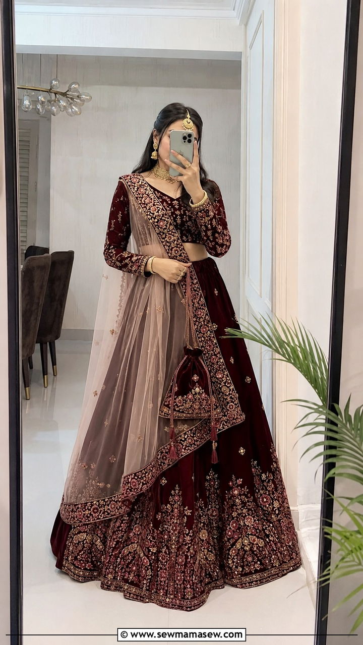 Velvet lehenga with full sleeve blouse - 30 Navratri outfit ideas