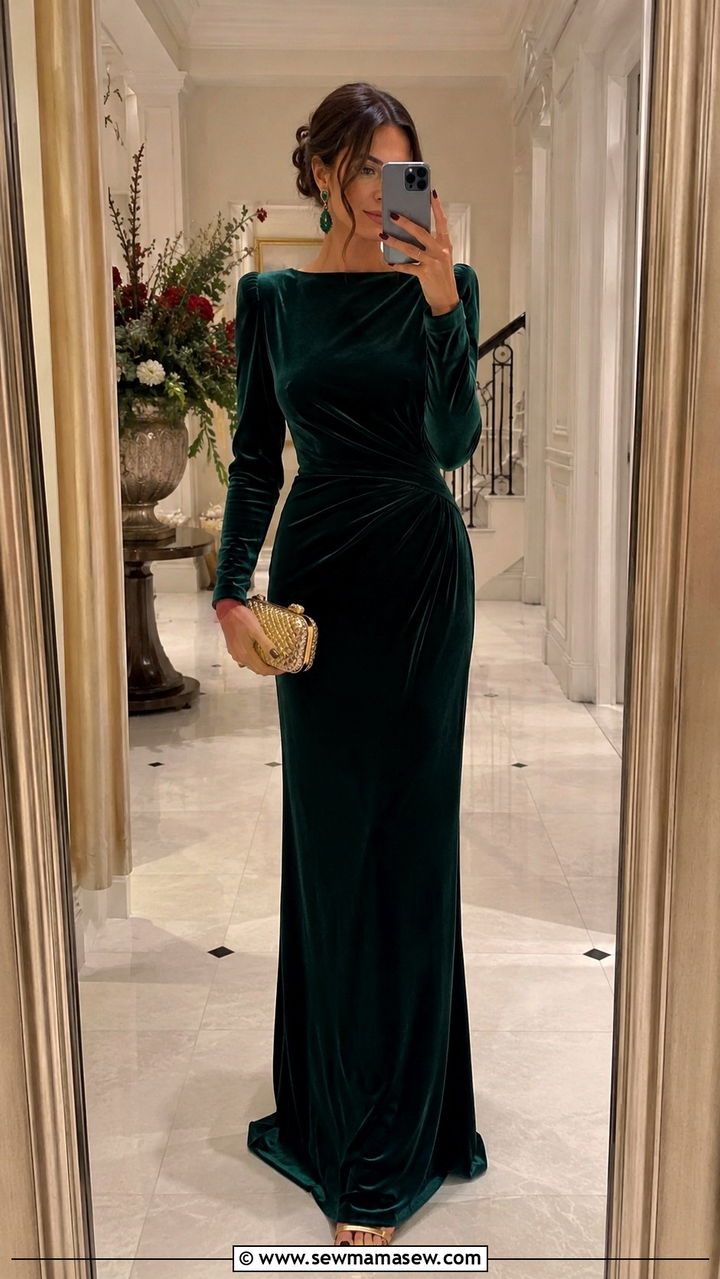Velvet long sleeve evening gown outfit - 25 White tie wedding guest outfit ideas