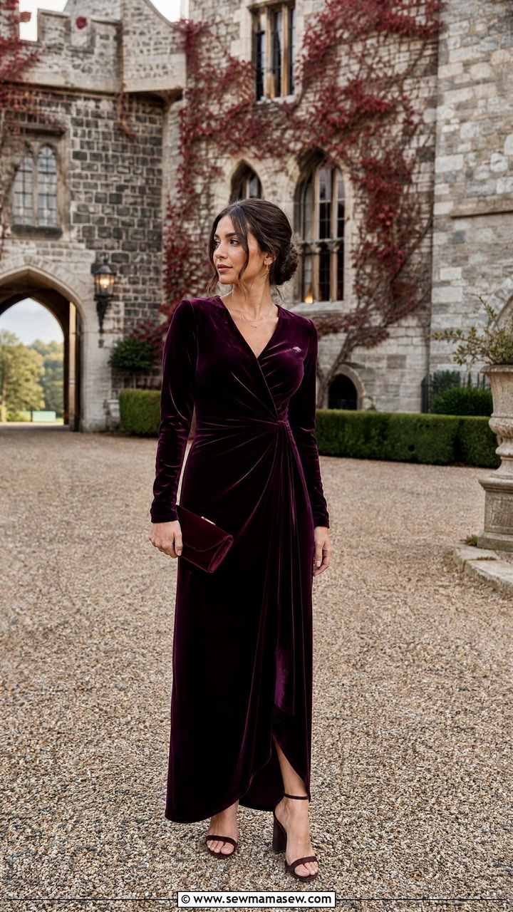 Velvet maxi dress with block heel sandals - 25 Castle wedding guest outfit ideas