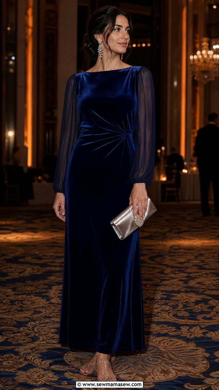 Velvet maxi dress with embellished sandals - 30 Modest capsule wardrobe 2026