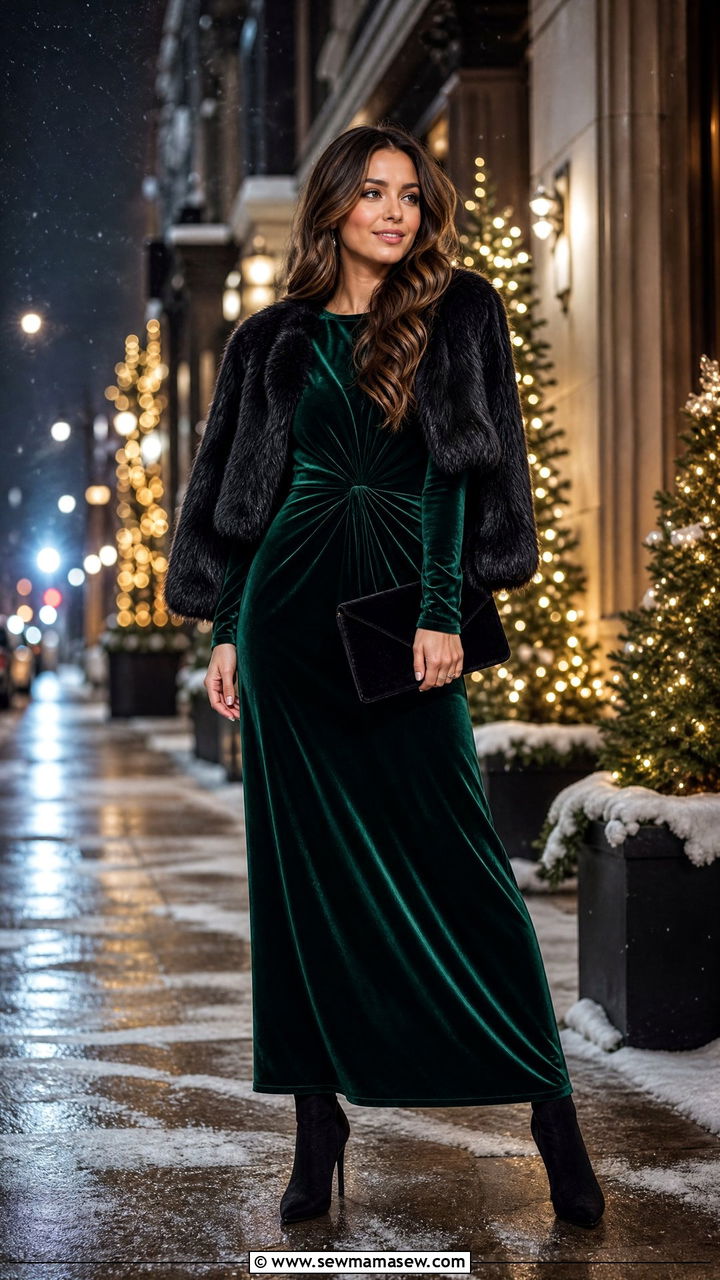 Velvet maxi dress with heeled boots - 30 Maxi dress outfit ideas with heels