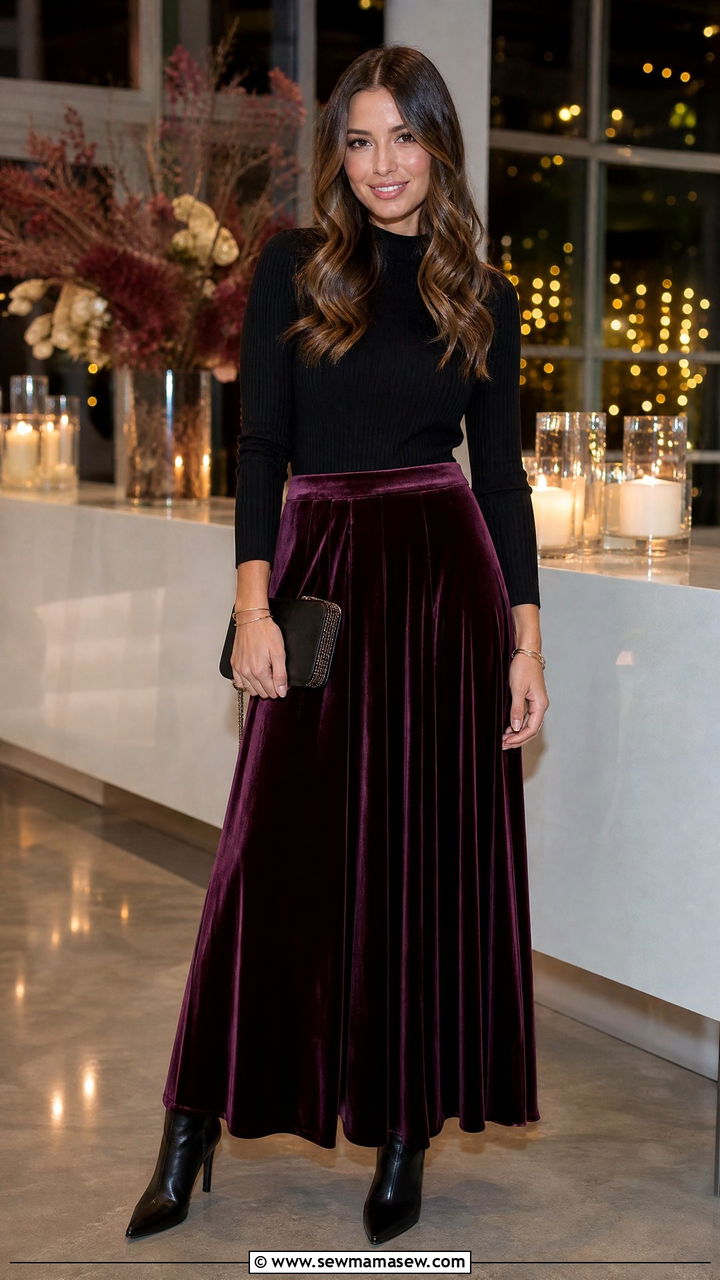 Velvet maxi skirt with fitted knit top outfit - 35 how to style maxi skirt