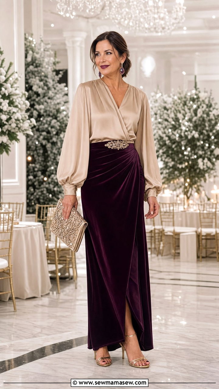 Velvet maxi skirt with silk blouse outfit - 25 fairycore outfit ideas for women over 40