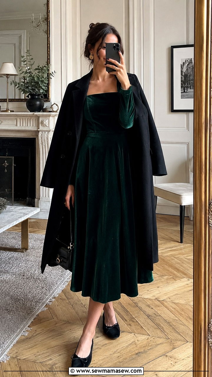 Velvet midi dress with ballet flats - 25 Midi dress with ballet flats outfit ideas