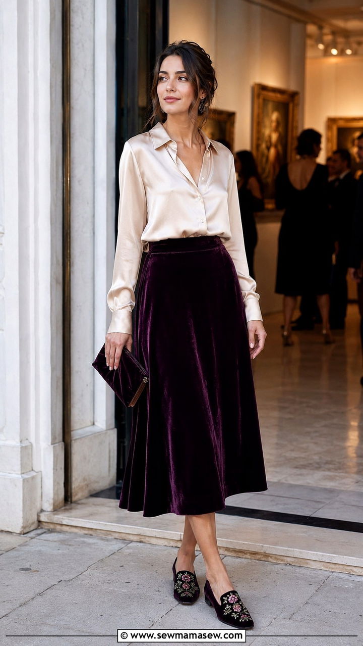 Velvet midi skirt with silky blouse and embroidered loafers - 30 Loafers outfit ideas with a skirt
