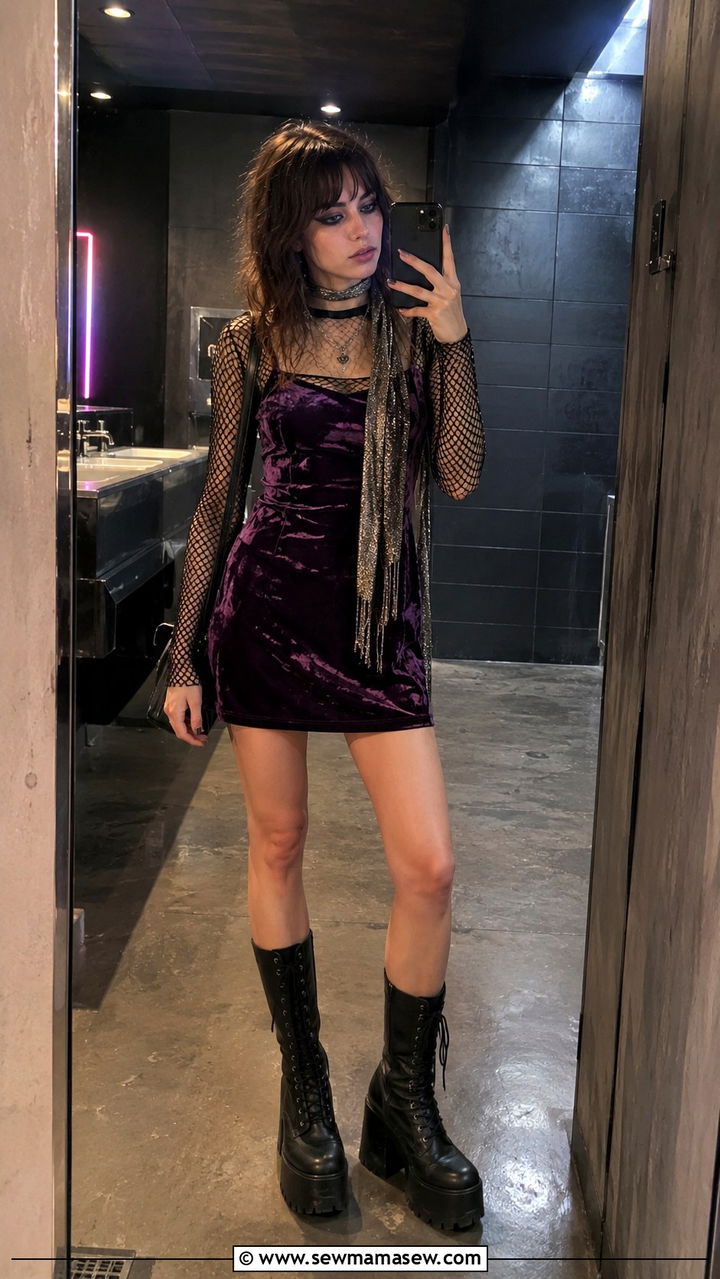 Velvet mini dress with fishnet sleeves - 30 Indie girl outfit ideas