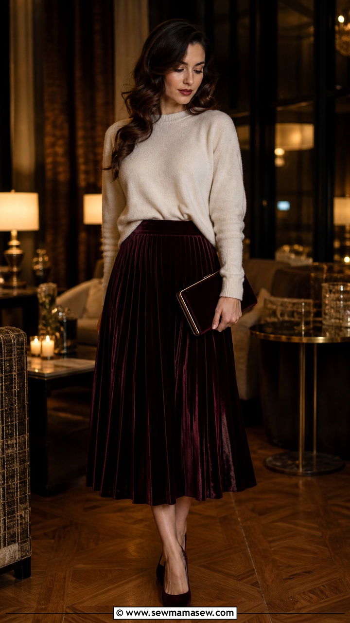 Velvet pleated skirt with cashmere sweater and pumps - 40 pleated skirt outfit ideas