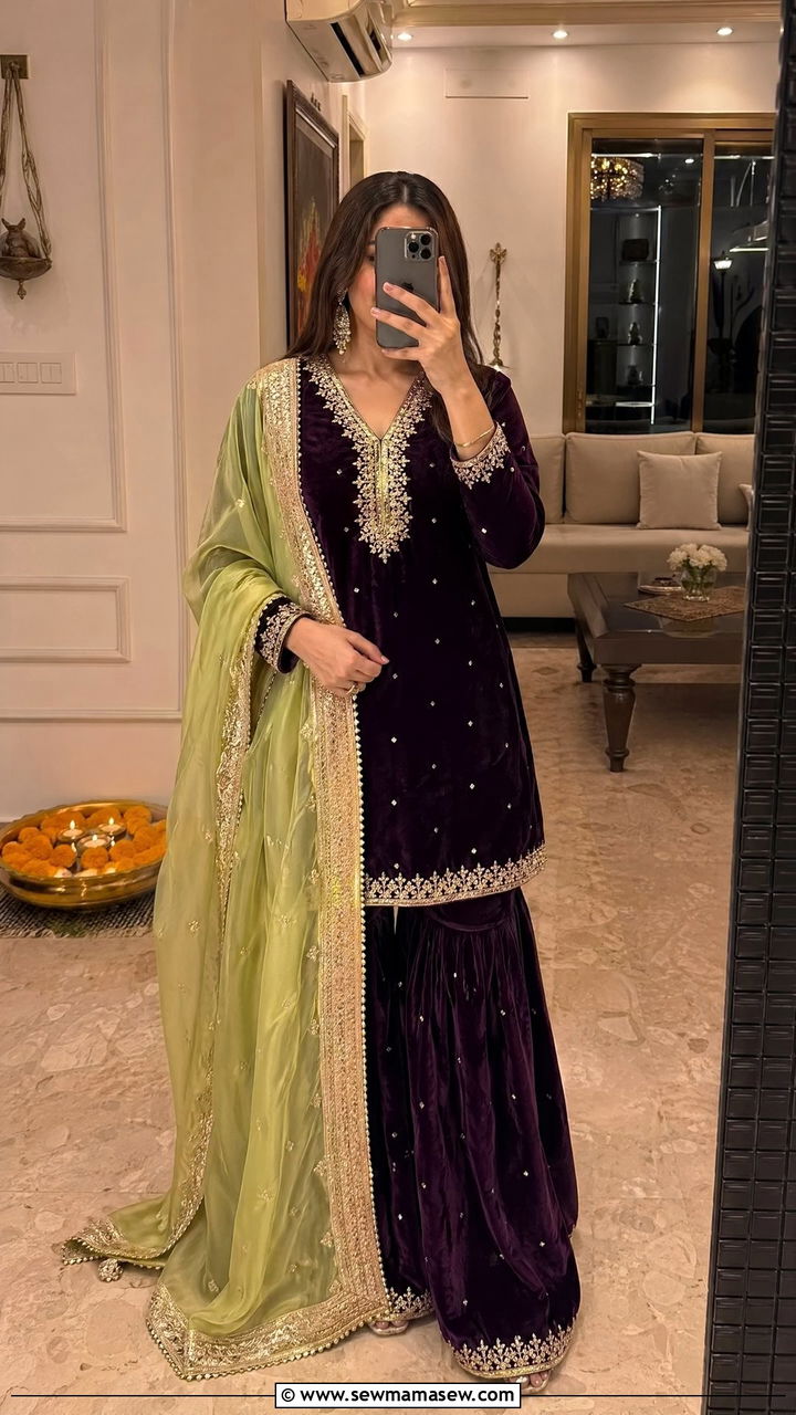 Velvet sharara set with contrast dupatta - 35 Diwali party outfit ideas
