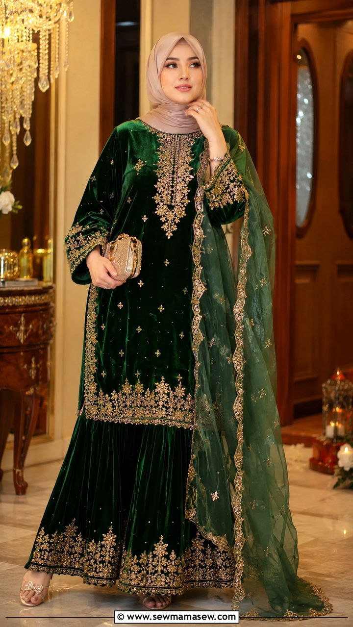 Velvet suit set for cool weather Eid - 30 Modest outfit ideas for Eid