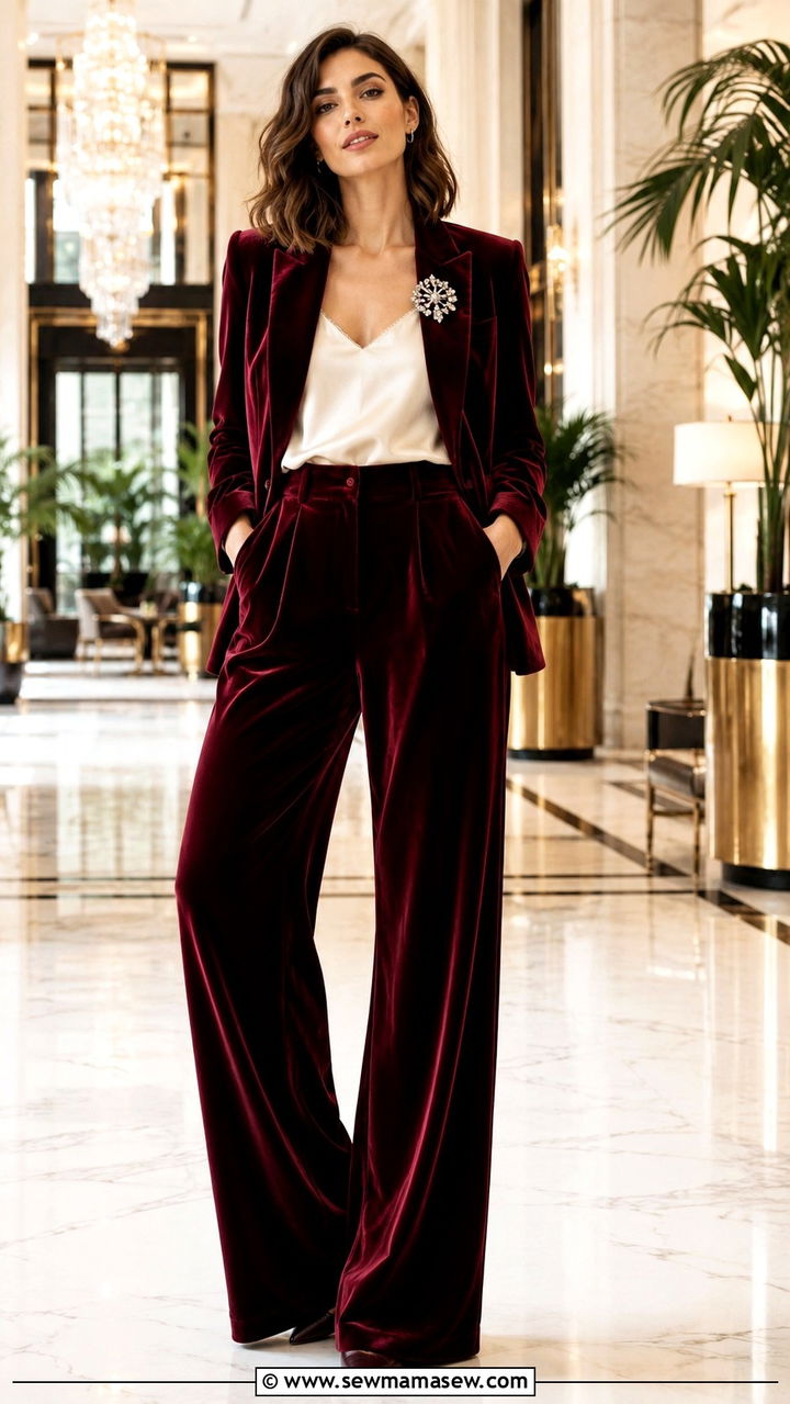 Velvet suit with wide leg trousers and crystal brooch - 25 Opera aesthetic outfit ideas 2026