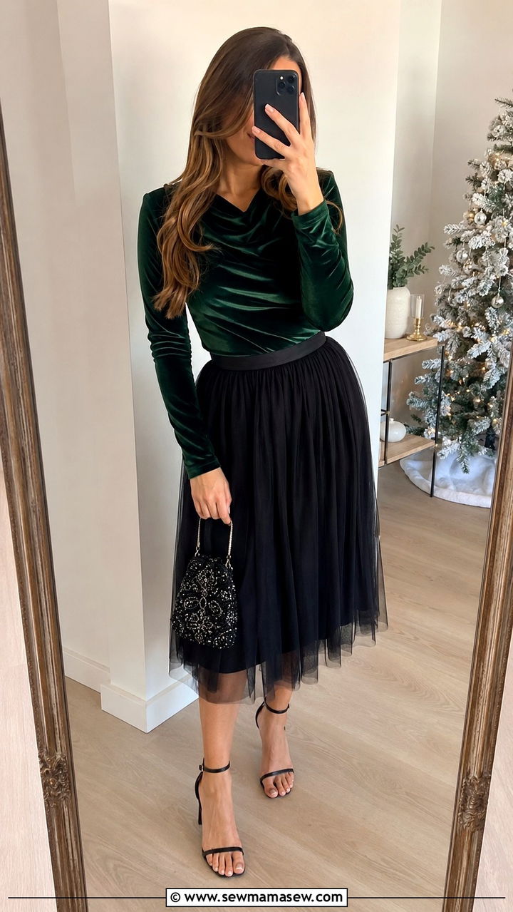Velvet top with tulle skirt and heels - 25 Tulle skirt outfit ideas with heels