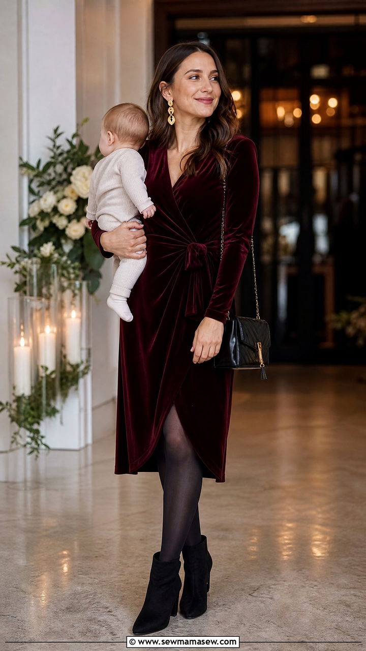 Velvet wrap dress with ankle boots - 25 wedding guest outfits for new moms